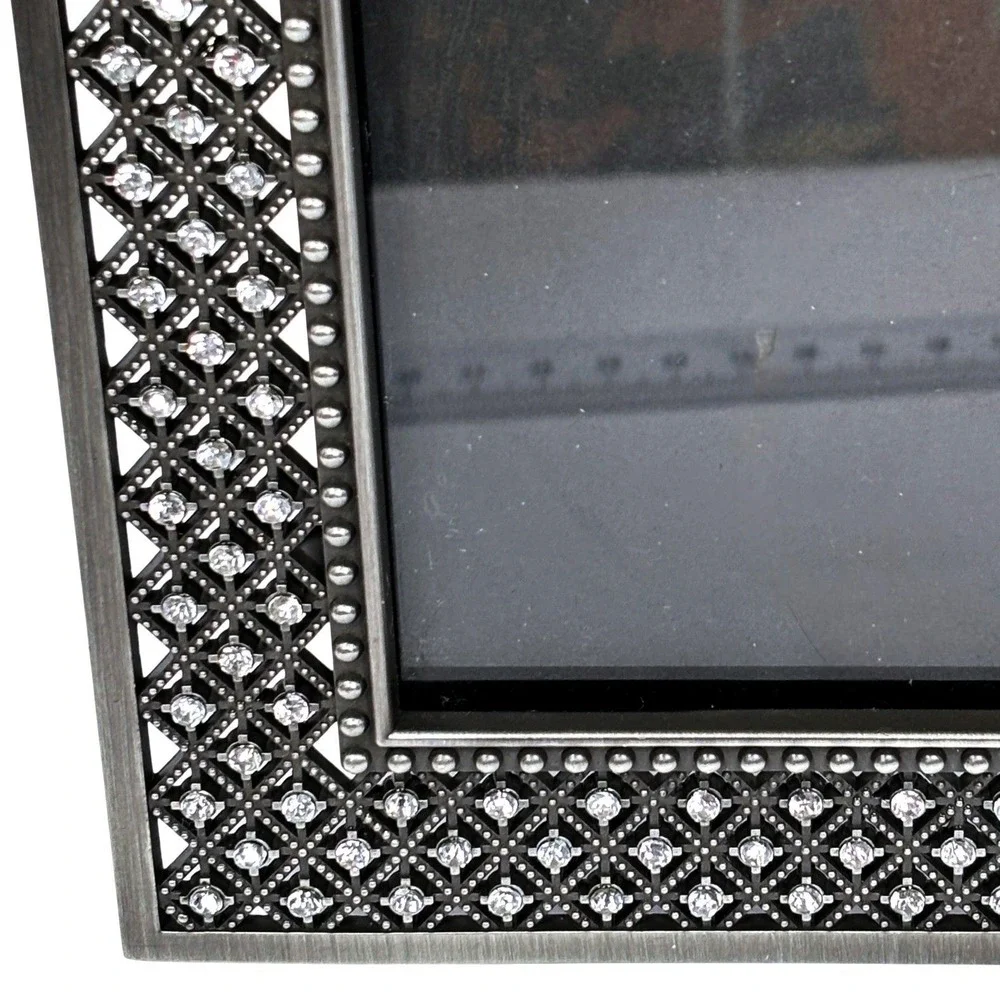 Vtg Gunmetal Rhinestone Lattice Jewel PhotoFrame Art Deco Hollywood Regency Glam